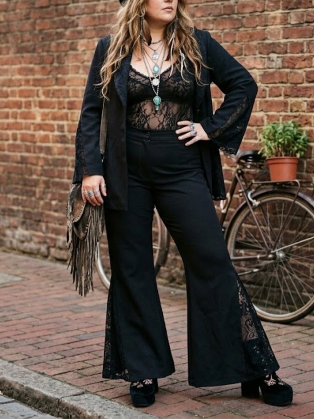Vintage 90s Midnight Velvet Black Lace Trim Blazer & Pant Suit Set 16W Plus